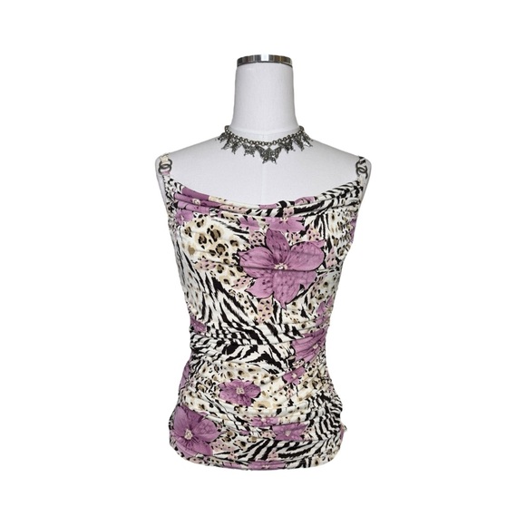 HNY Animal Print + Hibiscus Flower Cowl Neck Slinky Cami Top Size Small - Picture 1 of 7